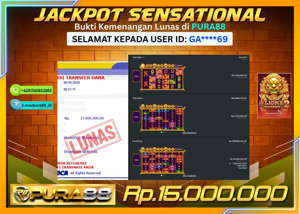 PURA88 JACKPOT 5 LIONS MEGAWAYS 2 Rp 15.000.000,- LUNAS